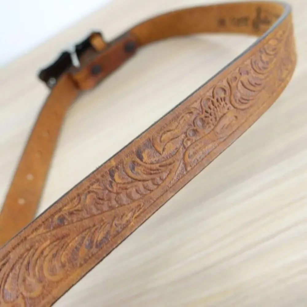 Western Top Grain Leather Belt‎ XS 28 JUSTIN Brown Tooled Rodeo Cowboy Buckle